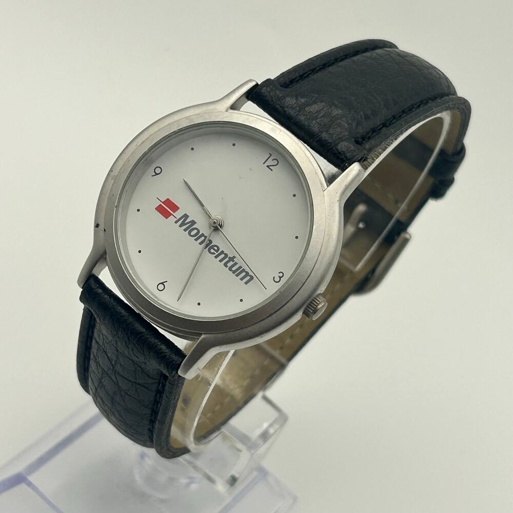 Momentum White Dial Black Leather Minimalist Watch Working New Battery